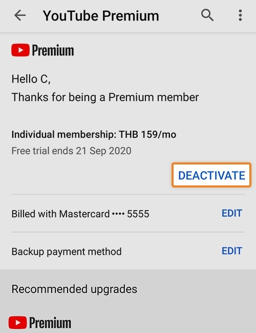 4. คลิก Deactivate เพื่อยกเลิกการผูกบัตร
