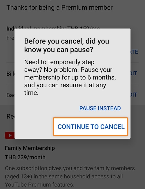 5. คลิก Continue to cancel เพื่อยืนยันการยกเลิกผูกบัตร