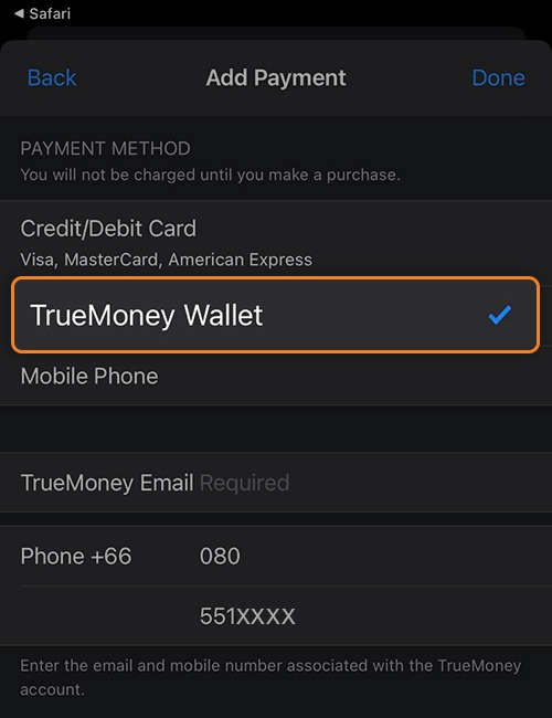 3. กดเลือก <b>TrueMoney Wallet</b> แล้วกรอก<br>อีเมล เบอร์โทร เพื่อยืนยันด้วย OTP 