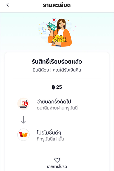 3. ได้รับเงินคืนเข้าแอปทรูมันนี่ สำเร็จ