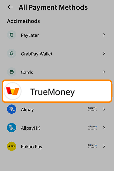 3. Select <b>TrueMoney</b> in <b>Add methods</b> section. Then, the system will redirect you to a webpage. <br />Please follow the on-screen instructions to proceed.