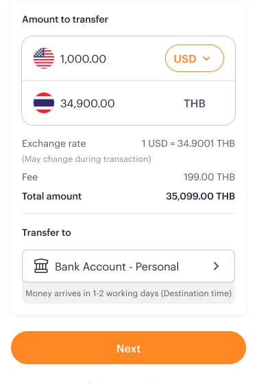 5. Enter the amount you wish to transfer. The system will display the real-time exchange rate and transaction fee.