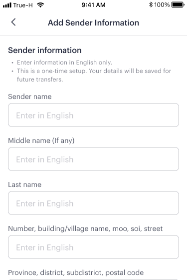 6. Enter your personal information as the sender. TrueMoney will verify your account details. If additional verification is required, TrueMoney will notify you via the TrueMoney app.