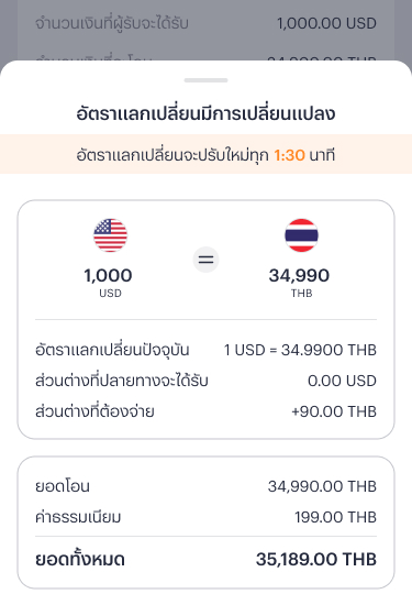 oversea-transfer-to-new-9 9. หากอัตราแลกเปลี่ยนมีการเปลี่ยนแปลงระหว่างการทำรายการ ระบบจะแจ้งเตือนขณะทำรายการ