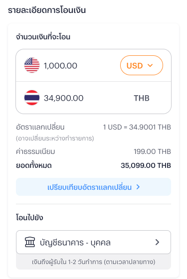 oversea-transfer-trasnfer-lastest-2 2. กรอกจำนวนเงินที่ต้องการโอน ระบบจะแสดงอัตราแลกเปลี่ยนแบบเรียลไทม์และค่าธรรมเนียม