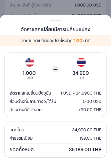 oversea-transfer-trasnfer-lastest-4 4. หากอัตราแลกเปลี่ยนมีการเปลี่ยนแปลงระหว่างการทำรายการ ระบบจะแจ้งเตือนขณะทำรายการ